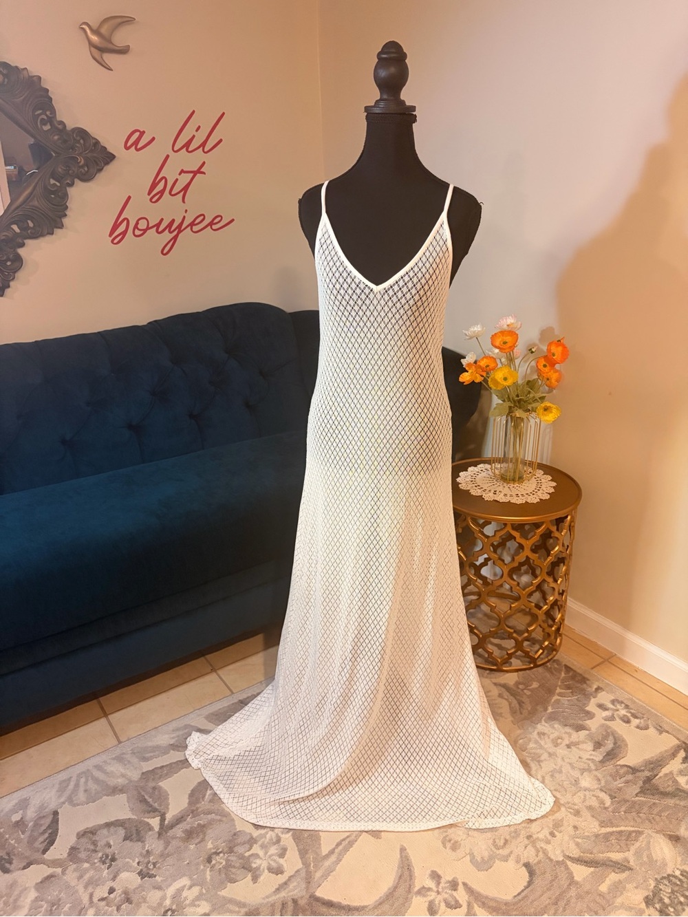 Dolcessa White Crochet Lace Maxi Cover Up Dress Medium Beach Wedding Resort